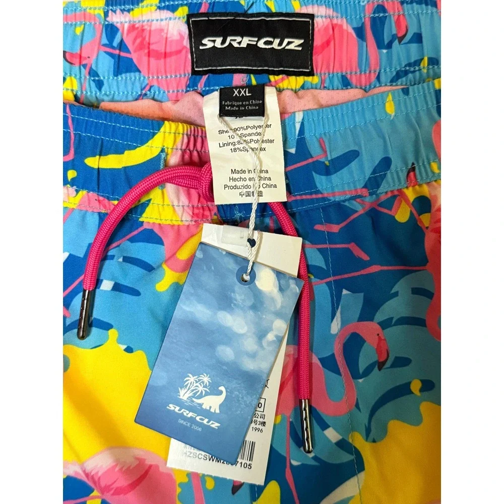 NWT SurfCuz Mens Flamingo Tropical Swim Trunks Blue Yellow XXL  5 Inseam